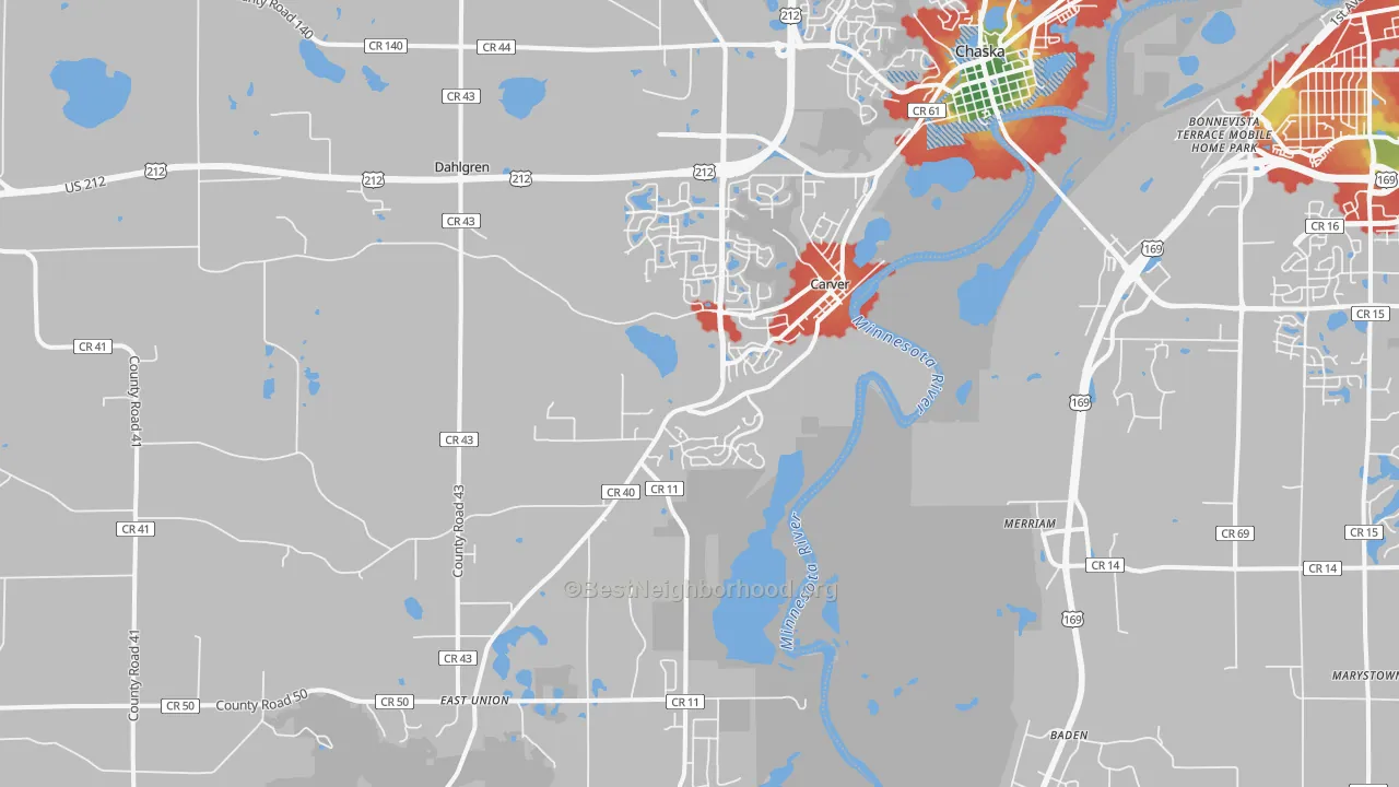Walk Grade map of 55315, MN, walkable areas in green and car-dependent areas in red
