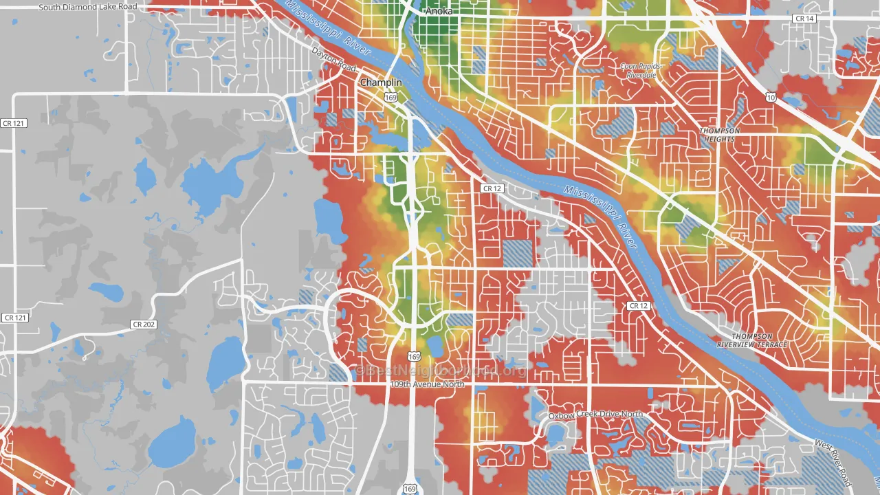Walk Grade map of 55316, MN, walkable areas in green and car-dependent areas in red