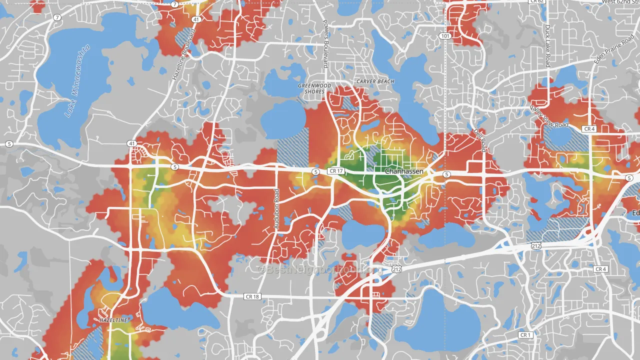 Walk Grade map of 55317, MN, walkable areas in green and car-dependent areas in red