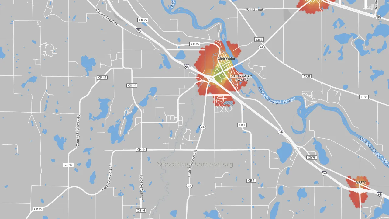 Walk Grade map of 55320, MN, walkable areas in green and car-dependent areas in red