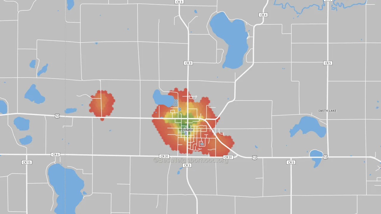 Walk Grade map of 55321, MN, walkable areas in green and car-dependent areas in red