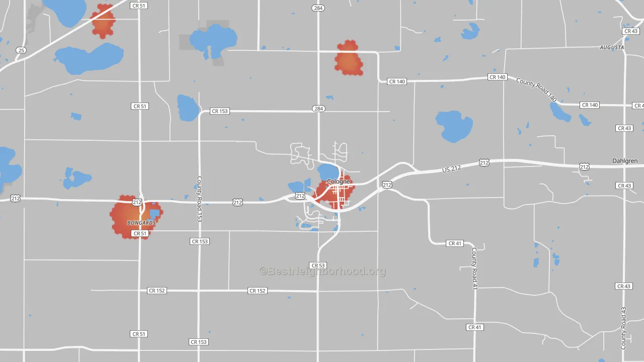 Walk Grade map of 55322, MN, walkable areas in green and car-dependent areas in red