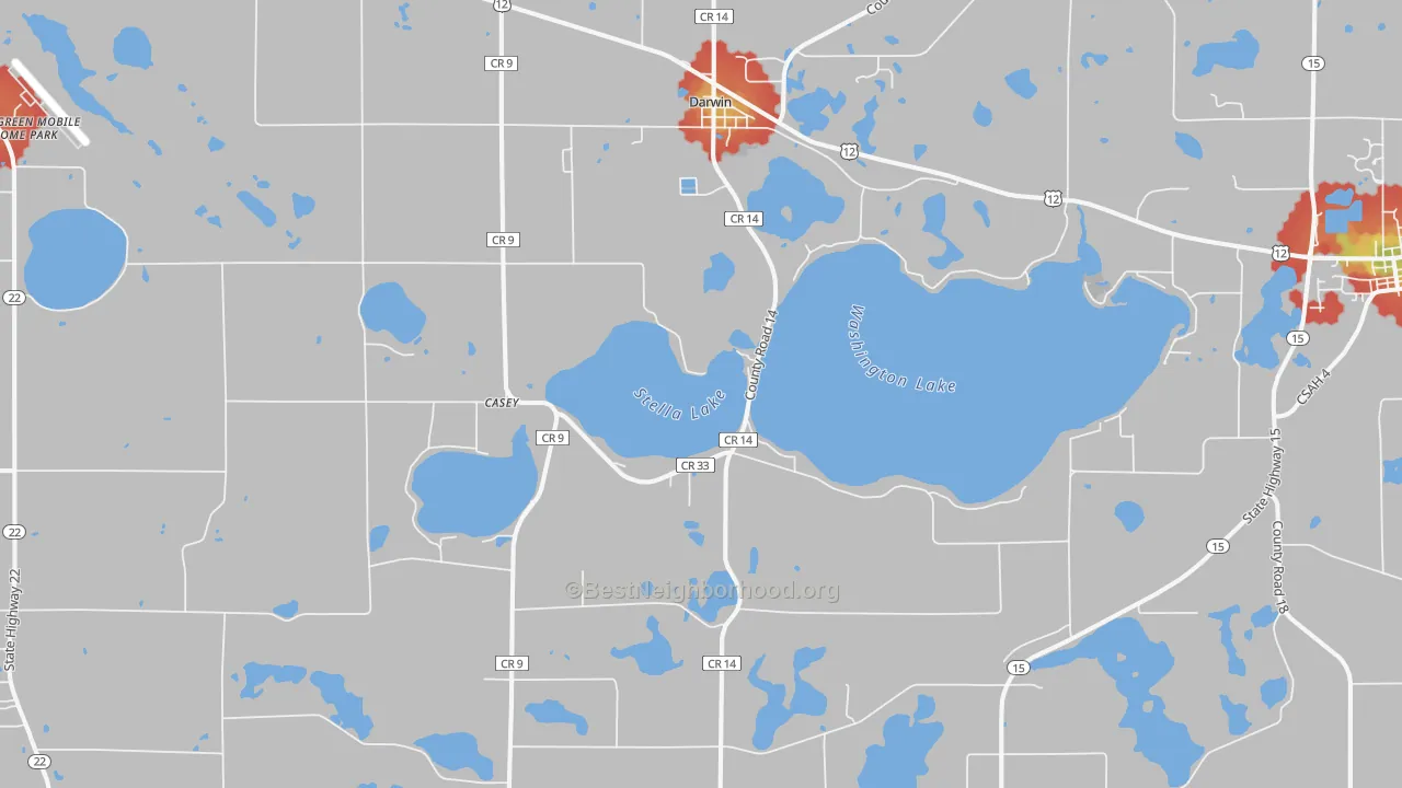 Walk Grade map of 55324, MN, walkable areas in green and car-dependent areas in red