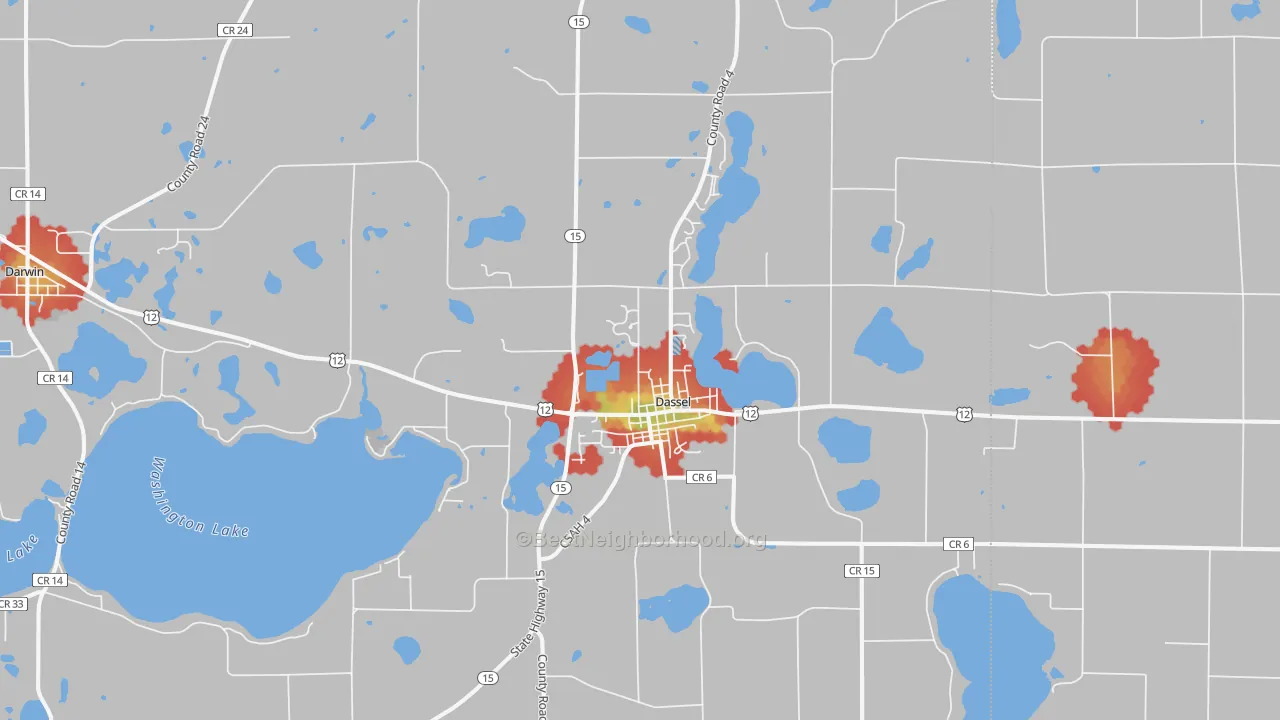 Walk Grade map of 55325, MN, walkable areas in green and car-dependent areas in red