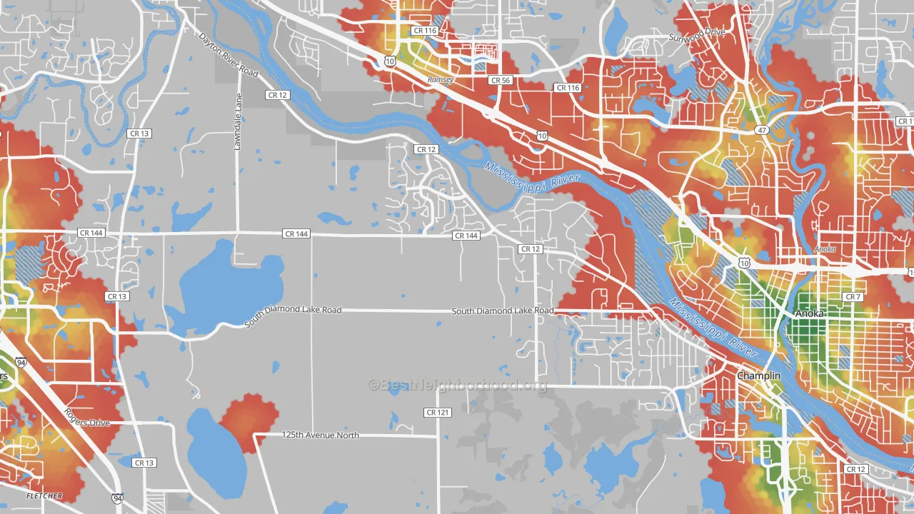 Walk Grade map of 55327, MN, walkable areas in green and car-dependent areas in red