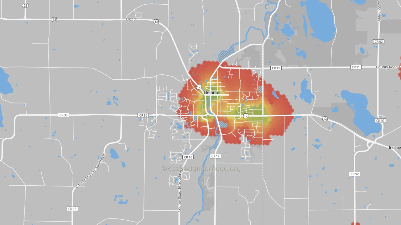 Walk Grade map of 55328, MN, walkable areas in green and car-dependent areas in red