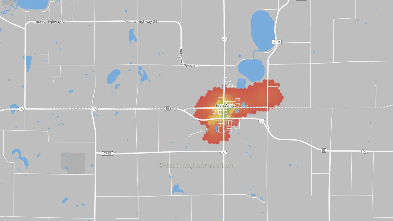 Walk Grade map of 55329, MN, walkable areas in green and car-dependent areas in red