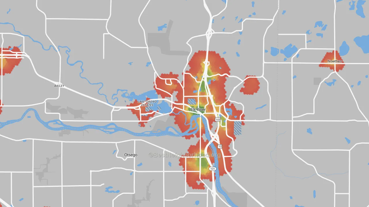 Walk Grade map of 55330, MN, walkable areas in green and car-dependent areas in red