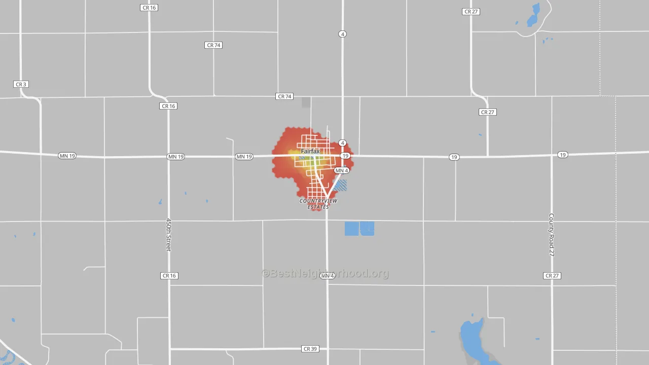 Walk Grade map of 55332, MN, walkable areas in green and car-dependent areas in red