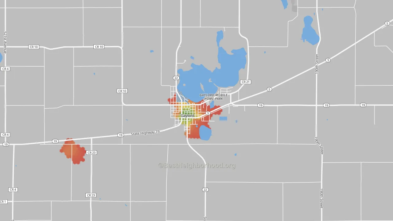 Walk Grade map of 55334, MN, walkable areas in green and car-dependent areas in red