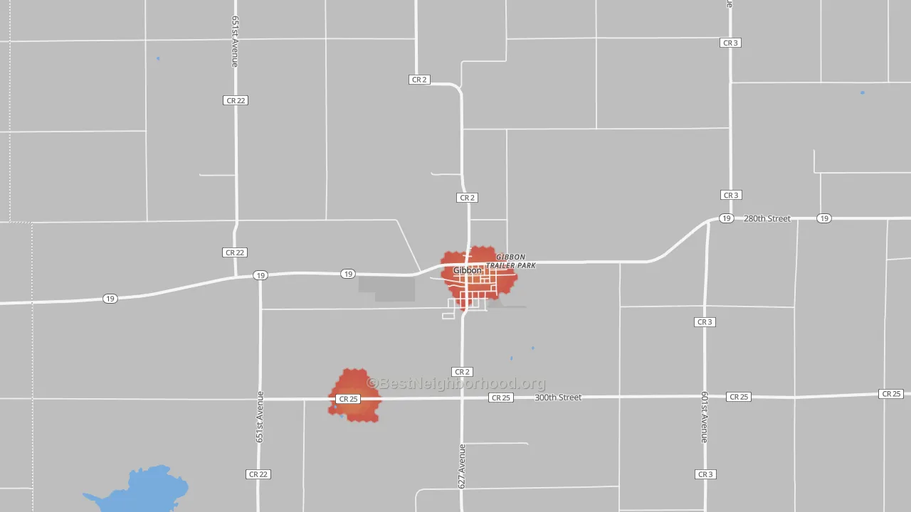 Walk Grade map of 55335, MN, walkable areas in green and car-dependent areas in red