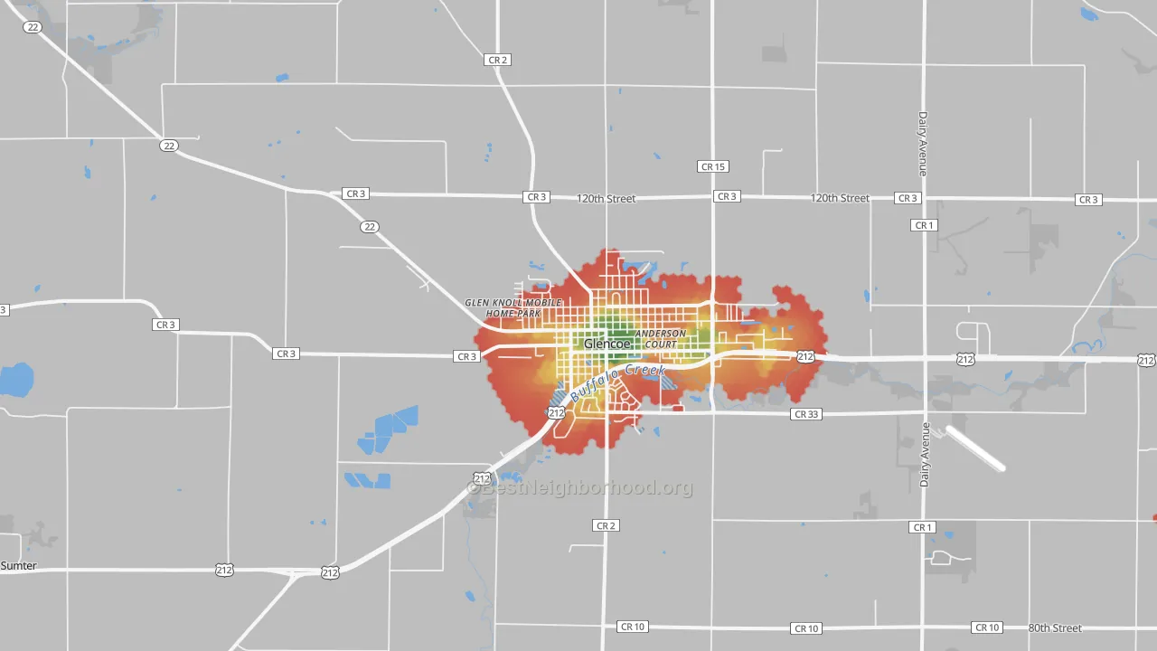 Walk Grade map of 55336, MN, walkable areas in green and car-dependent areas in red