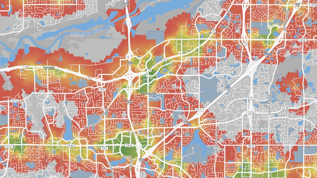 Walk Grade map of 55337, MN, walkable areas in green and car-dependent areas in red