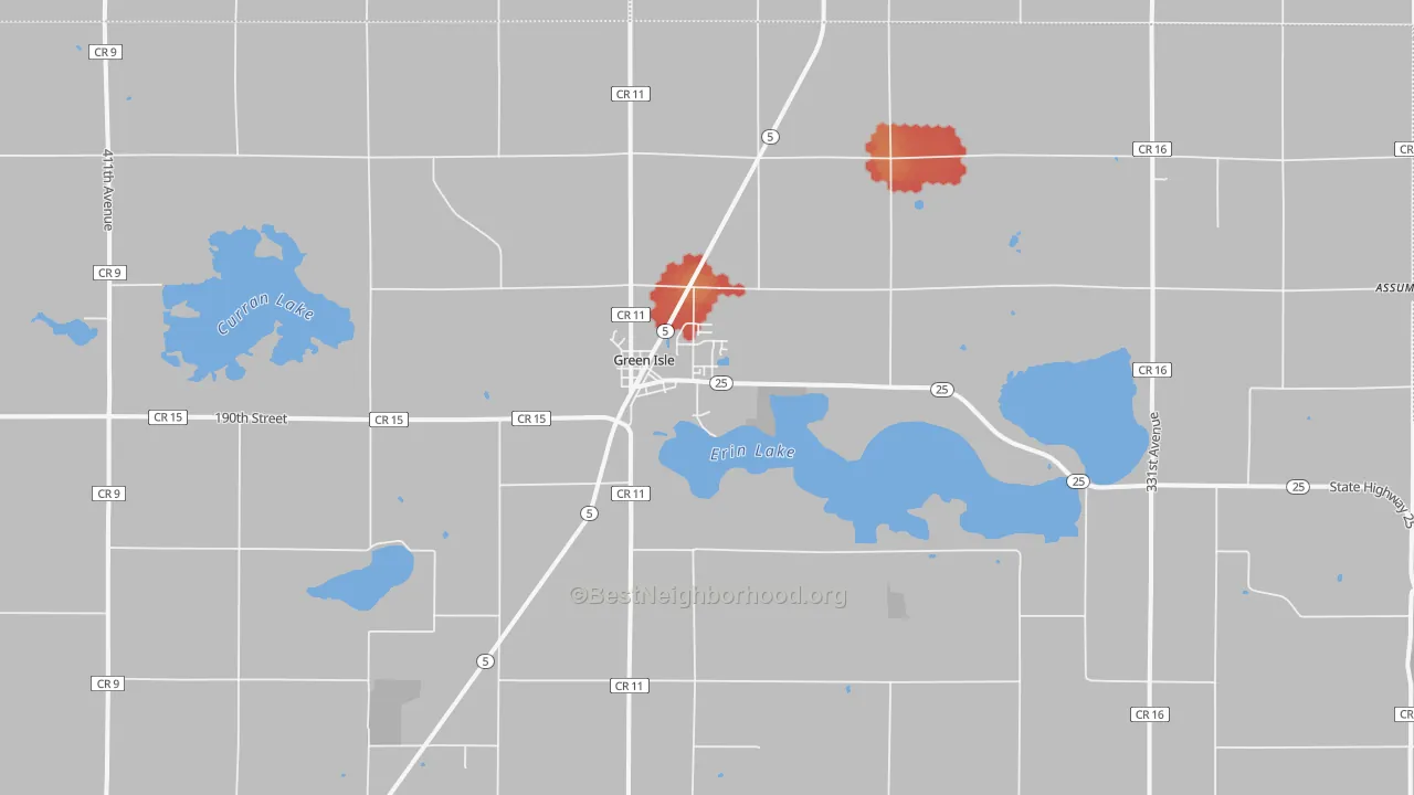 Walk Grade map of 55338, MN, walkable areas in green and car-dependent areas in red