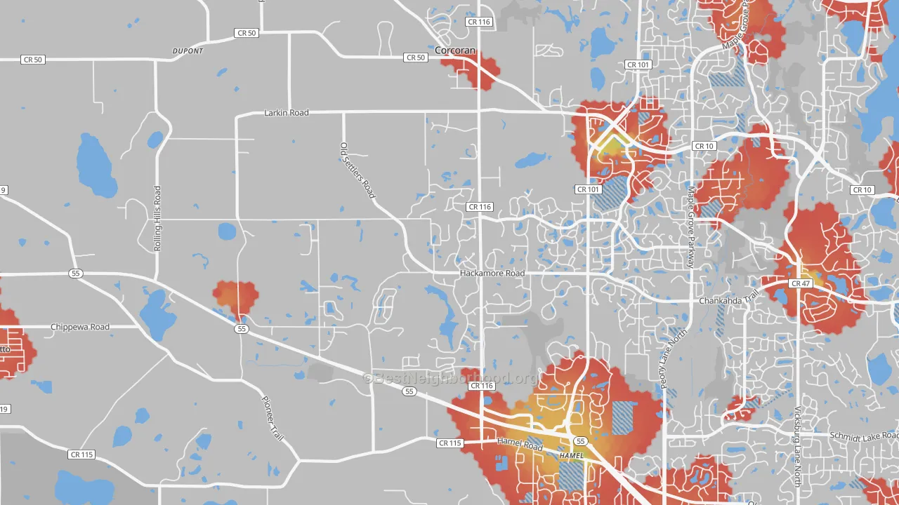 Walk Grade map of 55340, MN, walkable areas in green and car-dependent areas in red