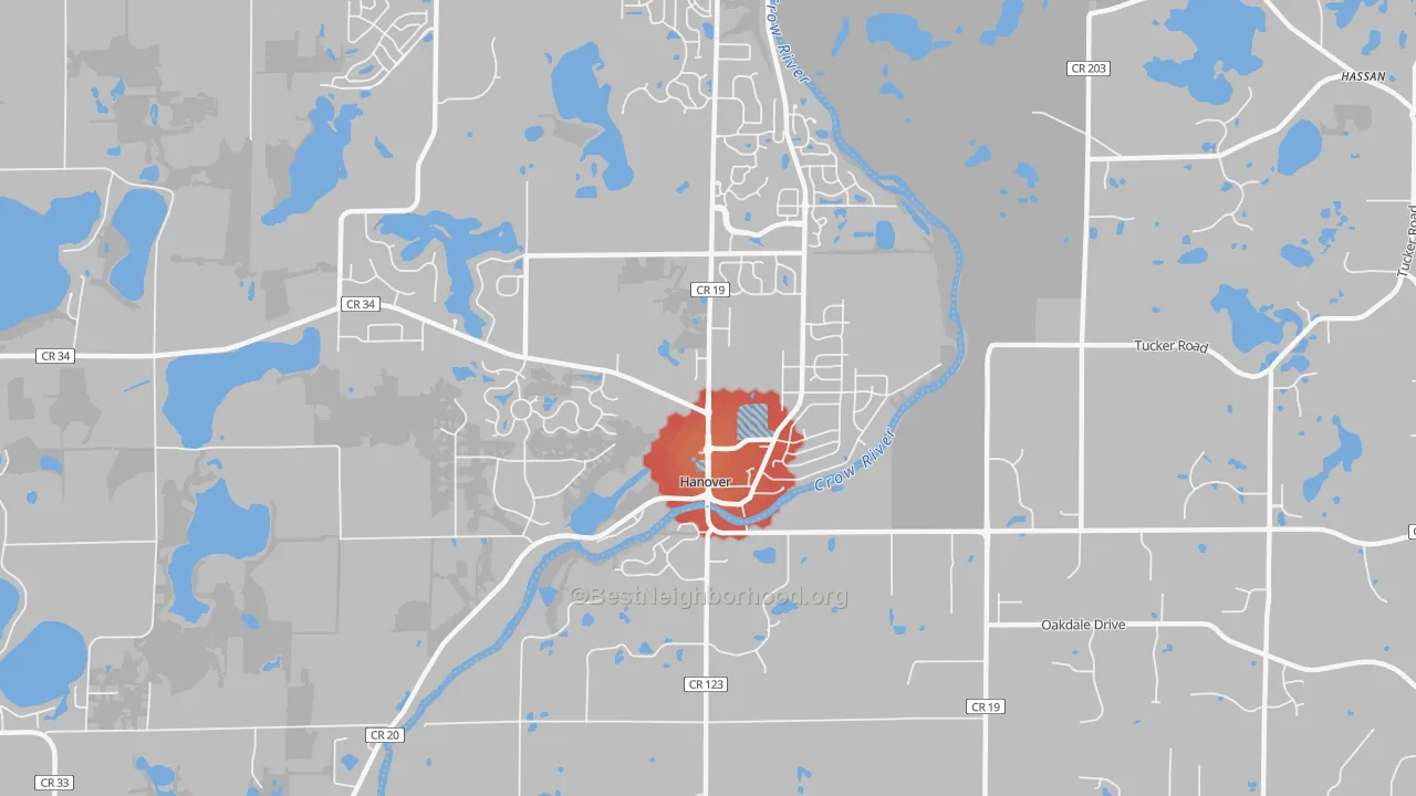 Walk Grade map of 55341, MN, walkable areas in green and car-dependent areas in red