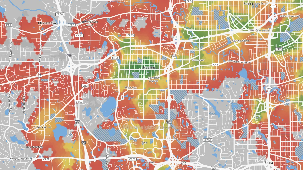Walk Grade map of 55343, MN, walkable areas in green and car-dependent areas in red