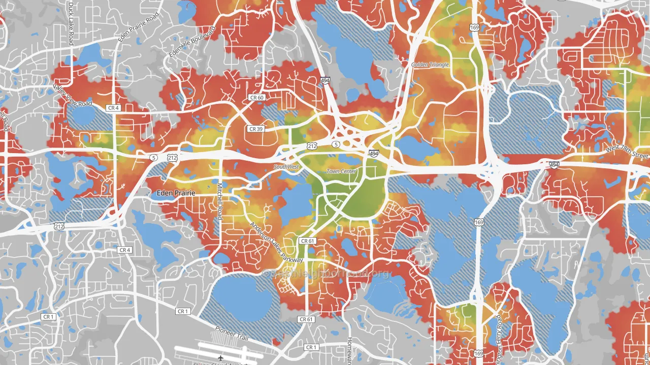 Walk Grade map of 55344, MN, walkable areas in green and car-dependent areas in red