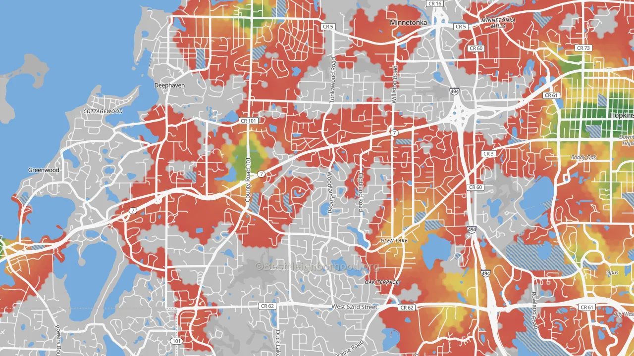 Walk Grade map of 55345, MN, walkable areas in green and car-dependent areas in red