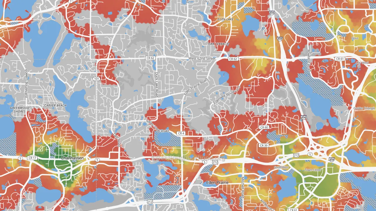 Walk Grade map of 55346, MN, walkable areas in green and car-dependent areas in red