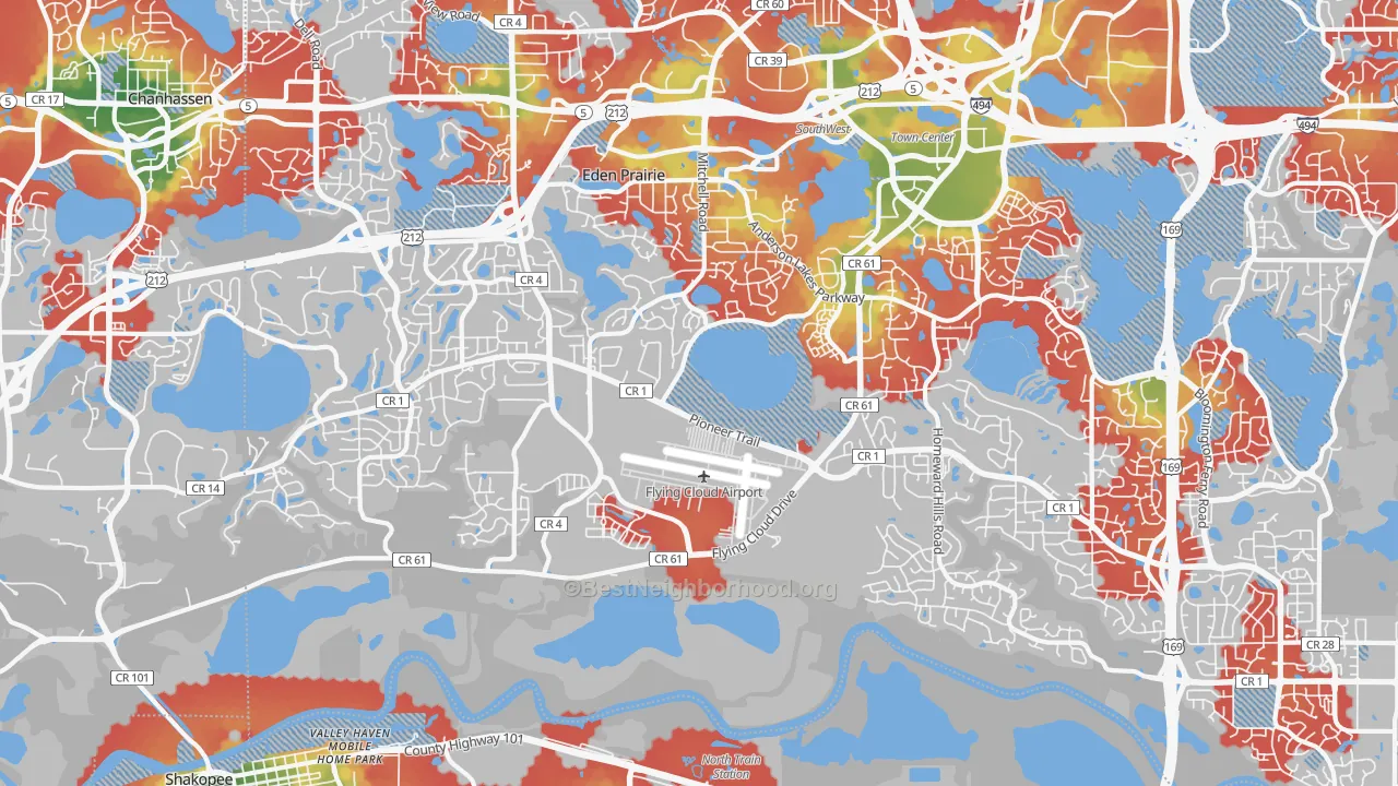 Walk Grade map of 55347, MN, walkable areas in green and car-dependent areas in red