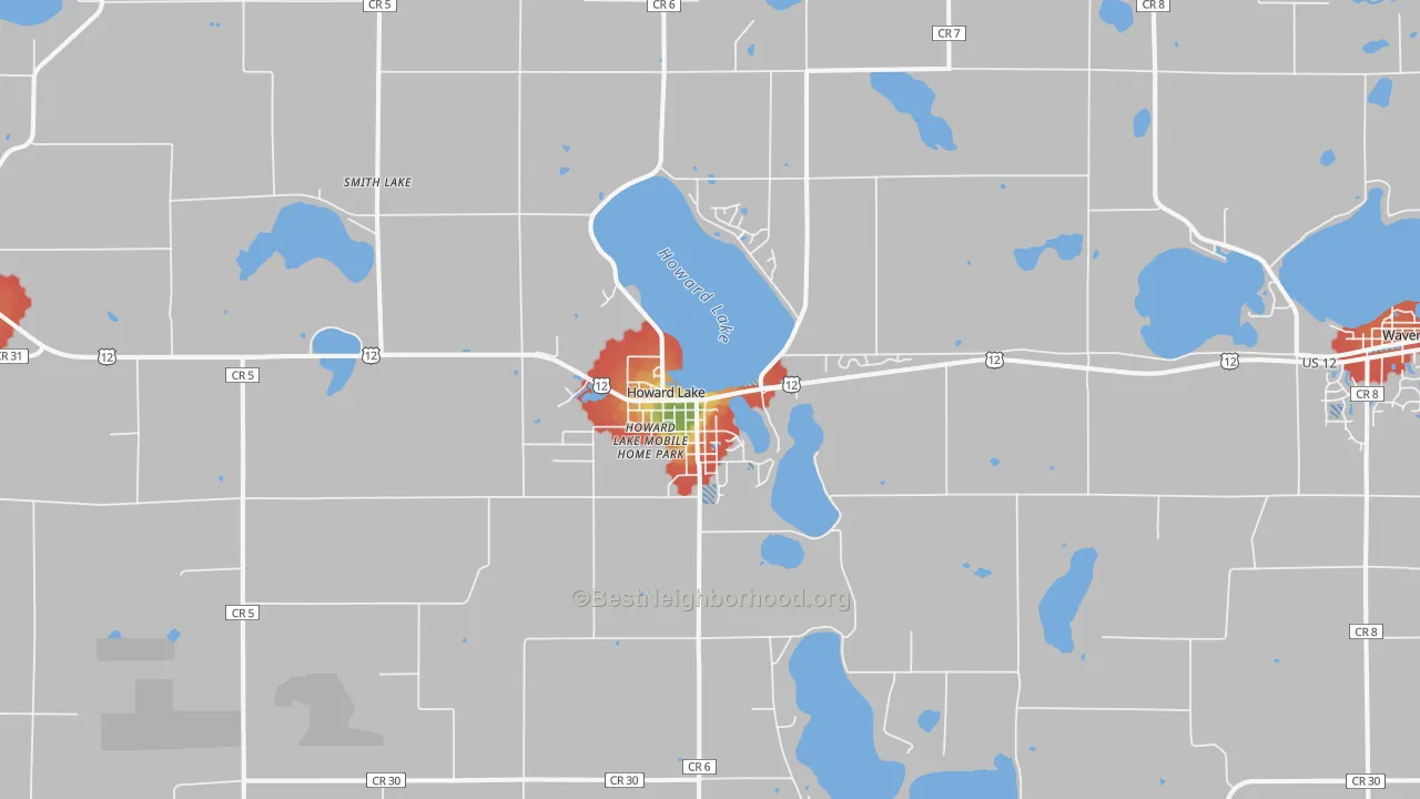 Walk Grade map of 55349, MN, walkable areas in green and car-dependent areas in red