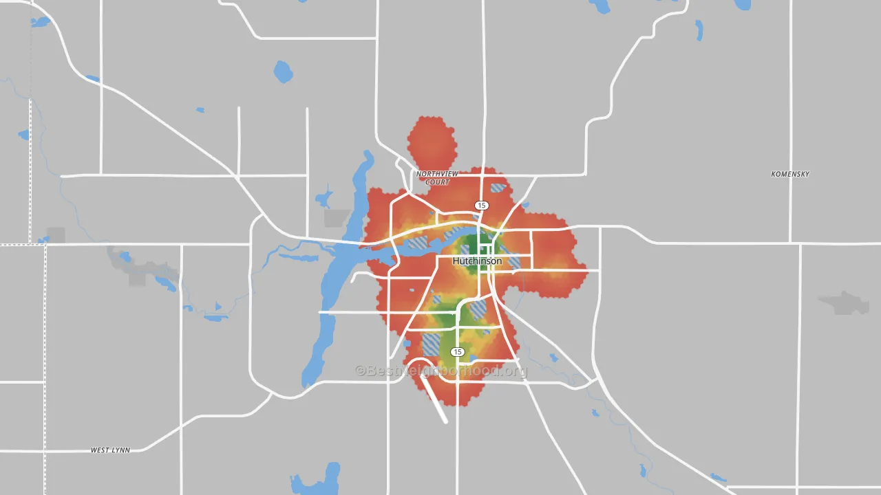 Walk Grade map of 55350, MN, walkable areas in green and car-dependent areas in red