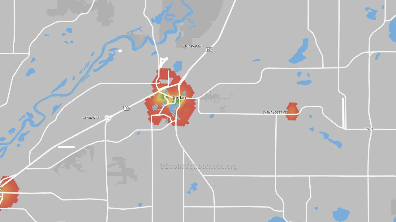 Walk Grade map of 55352, MN, walkable areas in green and car-dependent areas in red