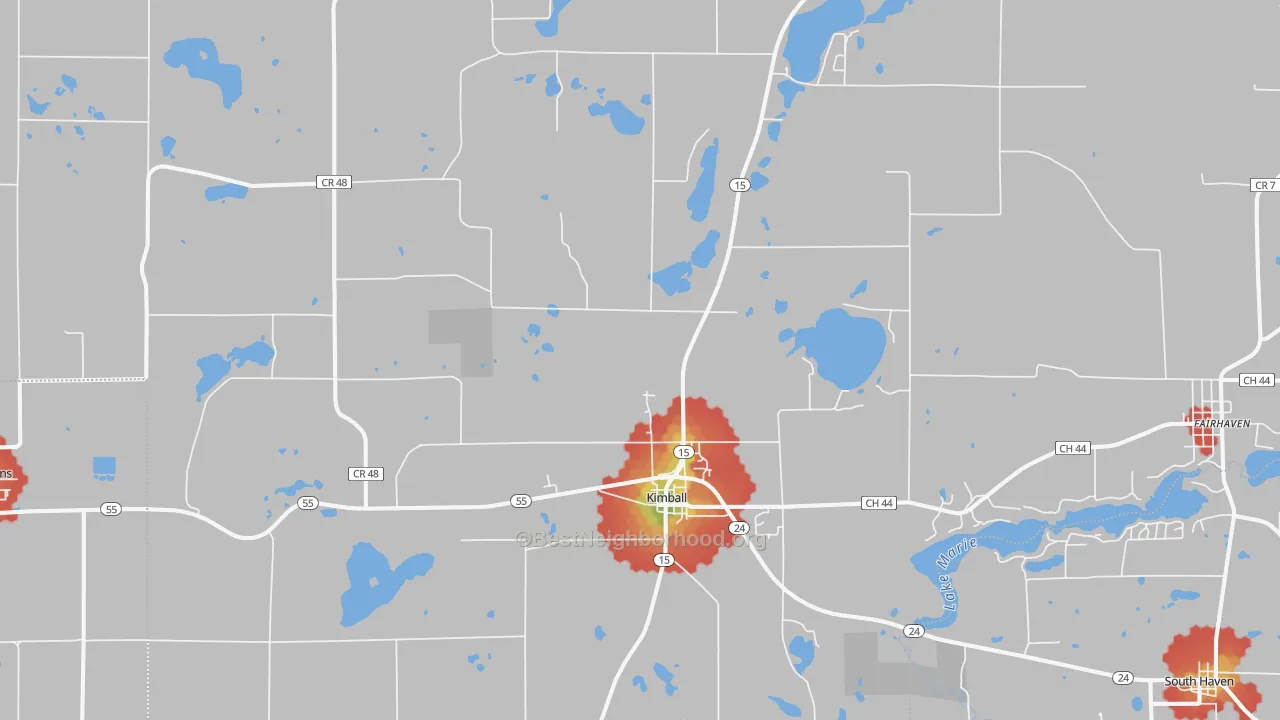 Walk Grade map of 55353, MN, walkable areas in green and car-dependent areas in red