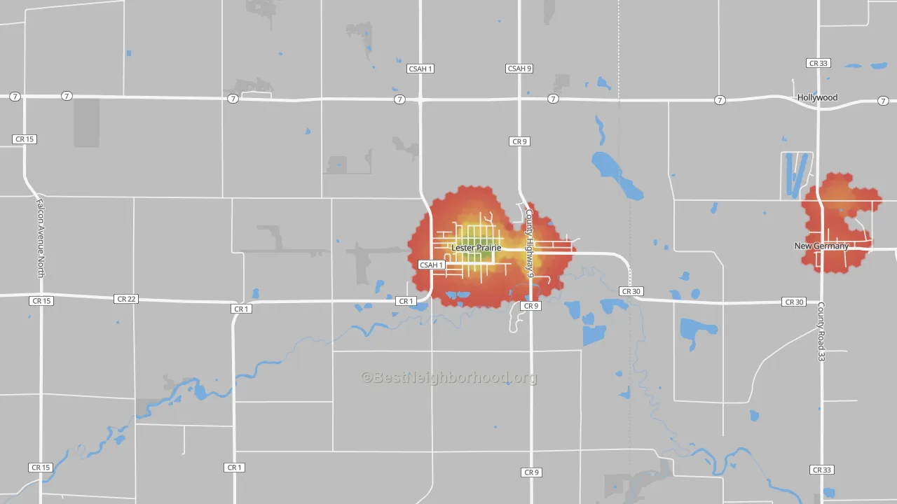 Walk Grade map of 55354, MN, walkable areas in green and car-dependent areas in red