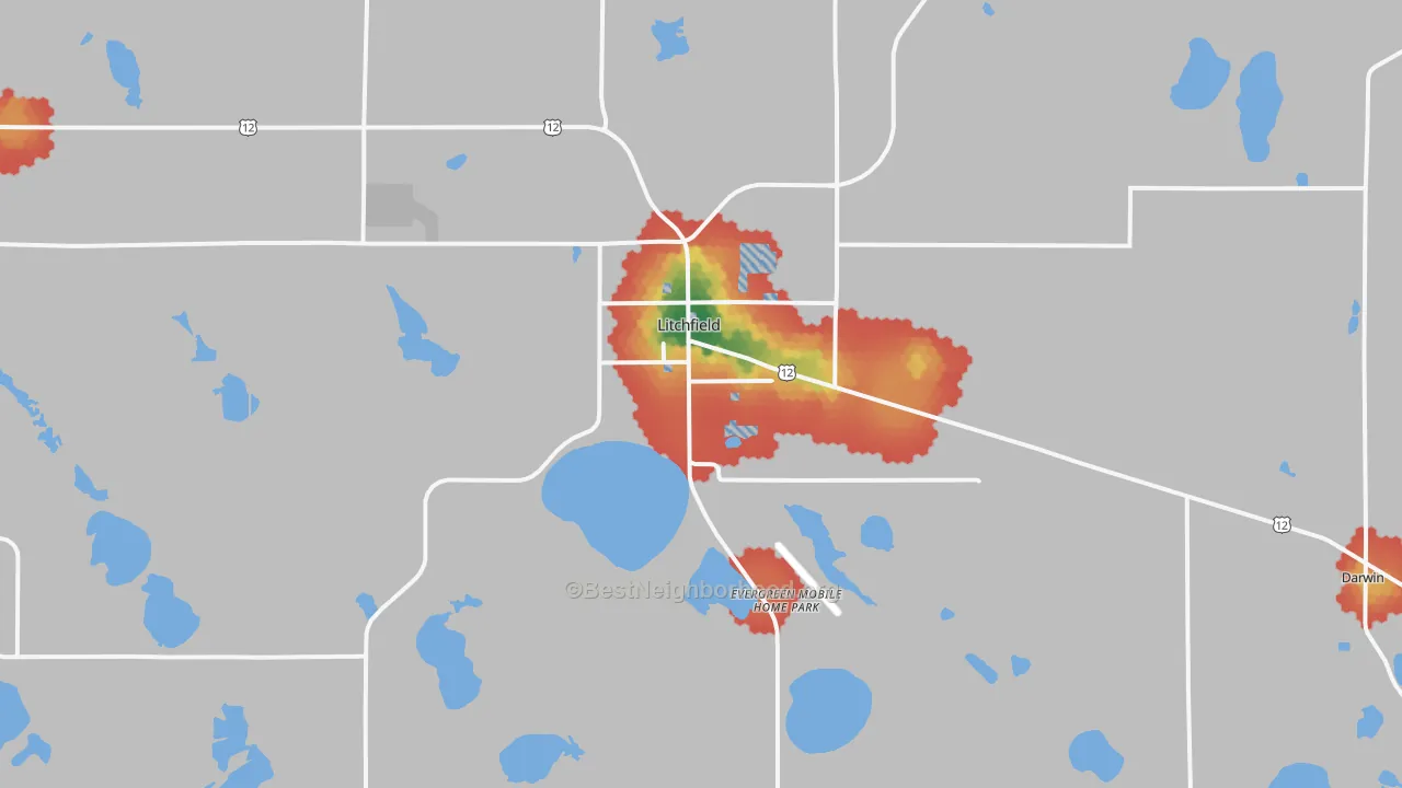 Walk Grade map of 55355, MN, walkable areas in green and car-dependent areas in red