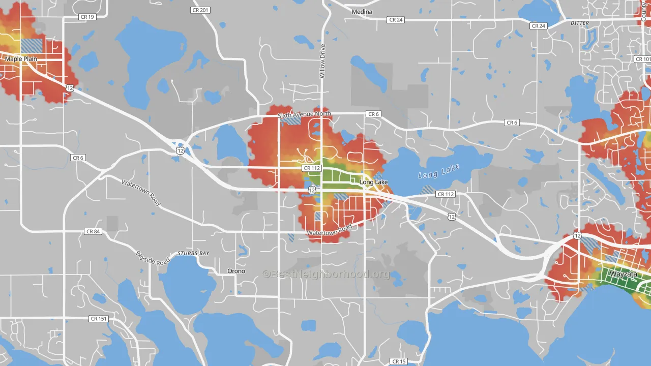 Walk Grade map of 55356, MN, walkable areas in green and car-dependent areas in red