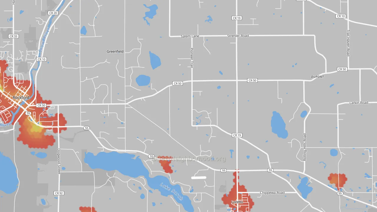Walk Grade map of 55357, MN, walkable areas in green and car-dependent areas in red