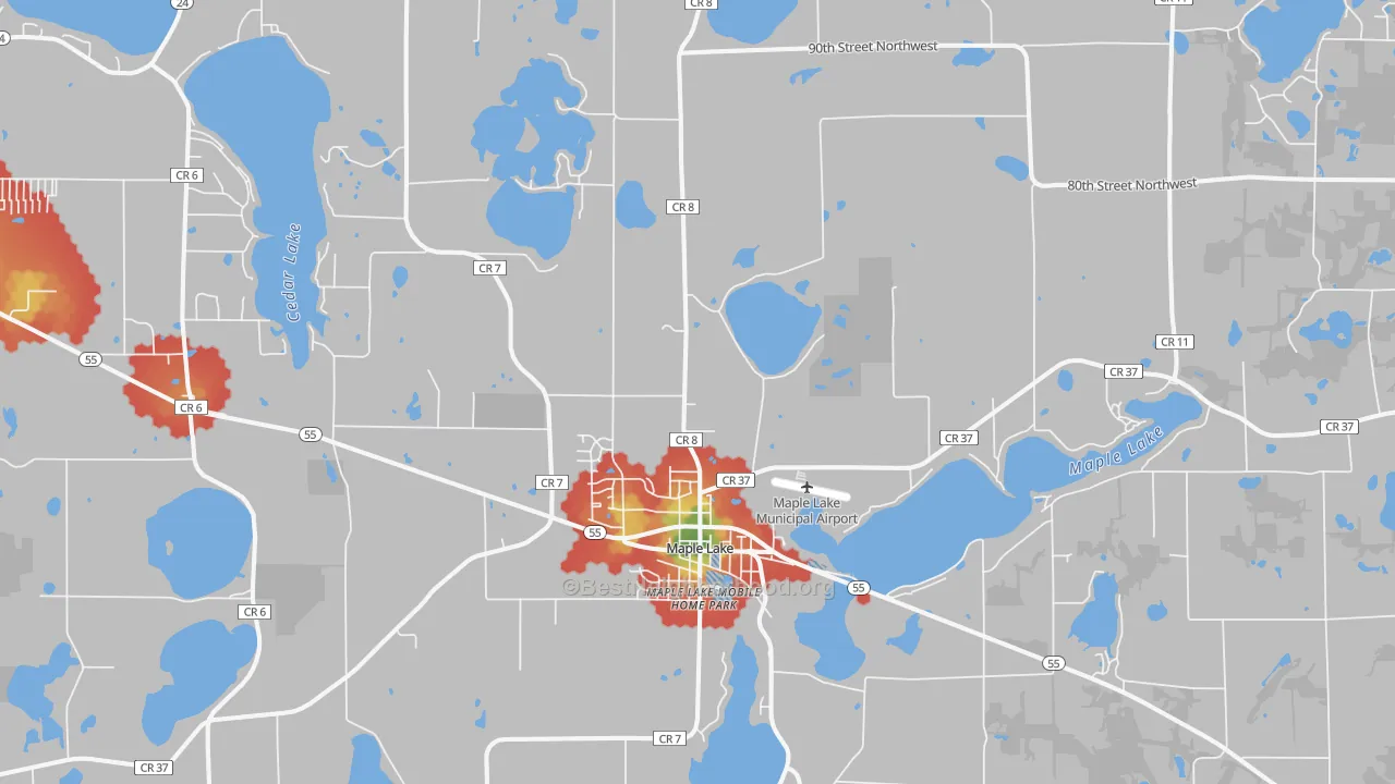 Walk Grade map of 55358, MN, walkable areas in green and car-dependent areas in red