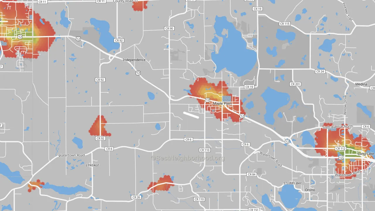 Walk Grade map of 55359, MN, walkable areas in green and car-dependent areas in red