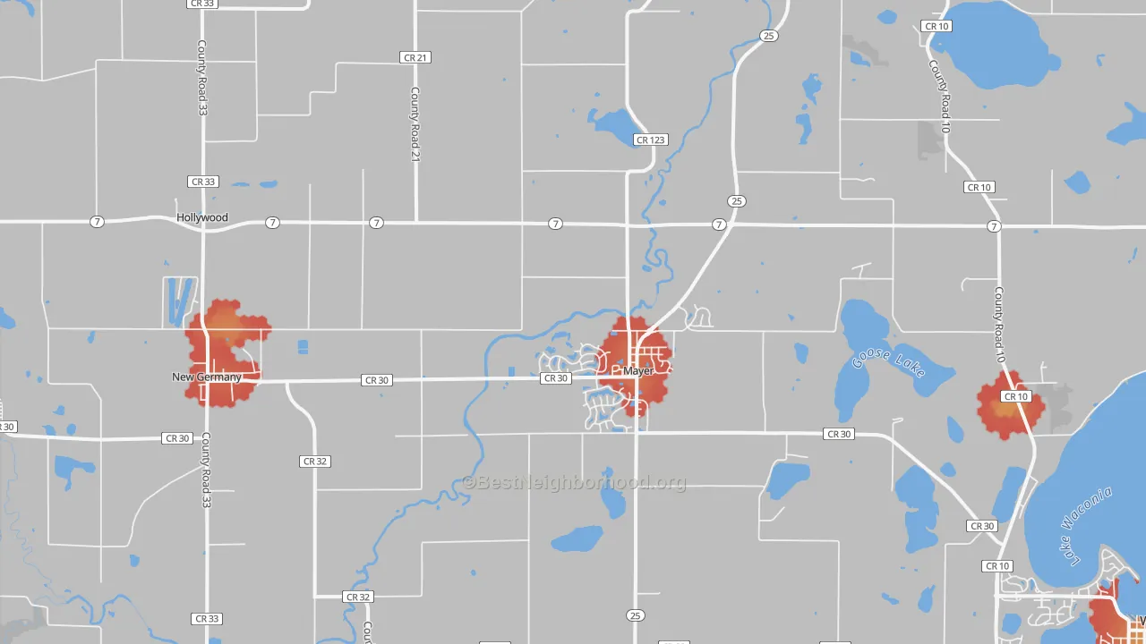 Walk Grade map of 55360, MN, walkable areas in green and car-dependent areas in red