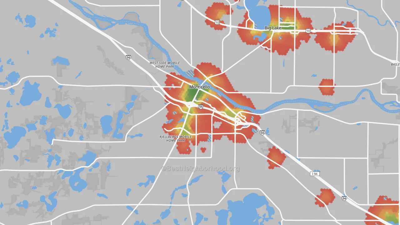 Walk Grade map of 55362, MN, walkable areas in green and car-dependent areas in red