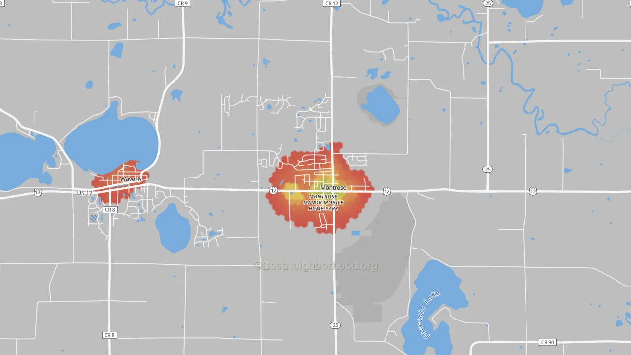 Walk Grade map of 55363, MN, walkable areas in green and car-dependent areas in red