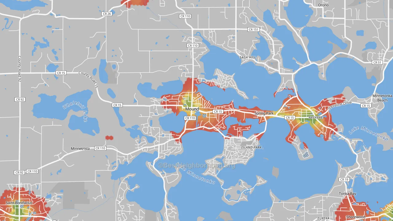 Walk Grade map of 55364, MN, walkable areas in green and car-dependent areas in red
