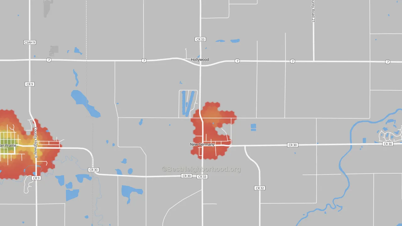 Walk Grade map of 55367, MN, walkable areas in green and car-dependent areas in red