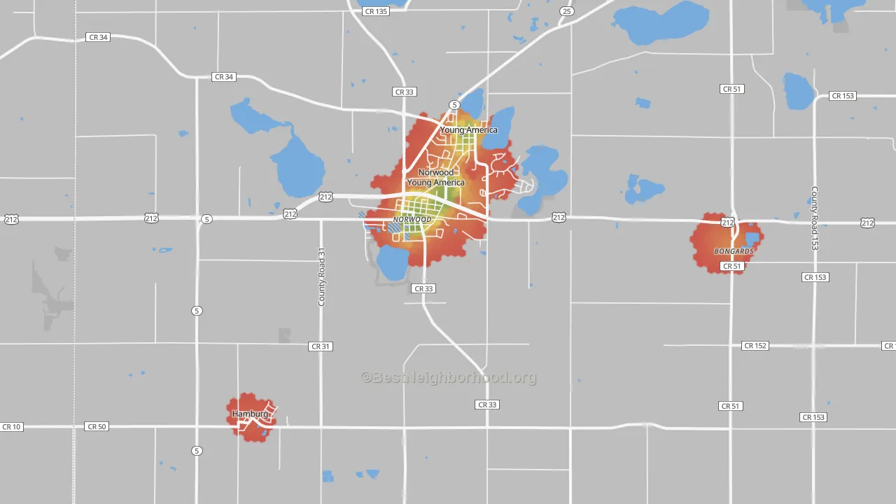 Walk Grade map of 55368, MN, walkable areas in green and car-dependent areas in red