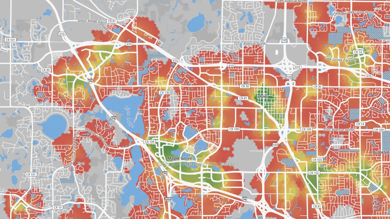 Walk Grade map of 55369, MN, walkable areas in green and car-dependent areas in red