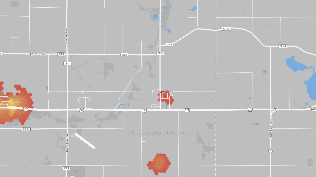 Walk Grade map of 55370, MN, walkable areas in green and car-dependent areas in red