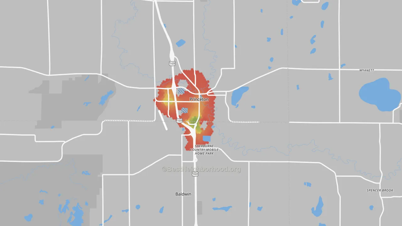 Walk Grade map of 55371, MN, walkable areas in green and car-dependent areas in red