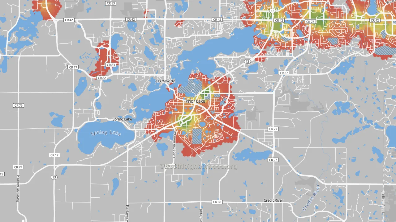 Walk Grade map of 55372, MN, walkable areas in green and car-dependent areas in red