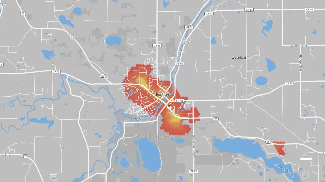 Walk Grade map of 55373, MN, walkable areas in green and car-dependent areas in red