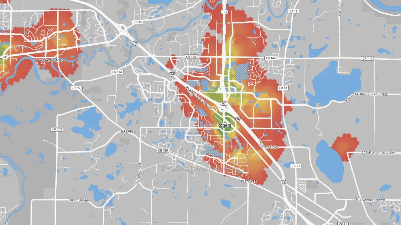 Walk Grade map of 55374, MN, walkable areas in green and car-dependent areas in red