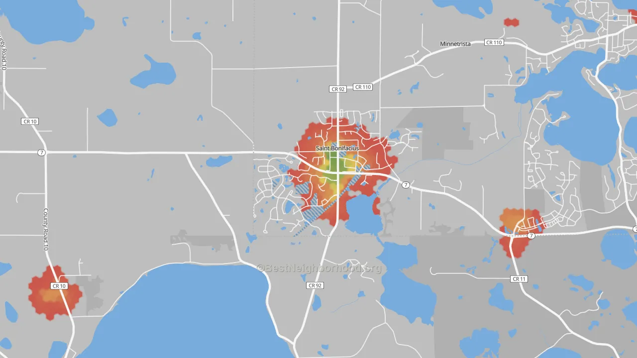 Walk Grade map of 55375, MN, walkable areas in green and car-dependent areas in red