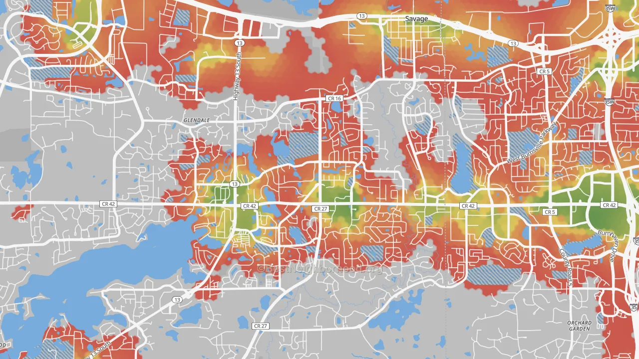 Walk Grade map of 55378, MN, walkable areas in green and car-dependent areas in red