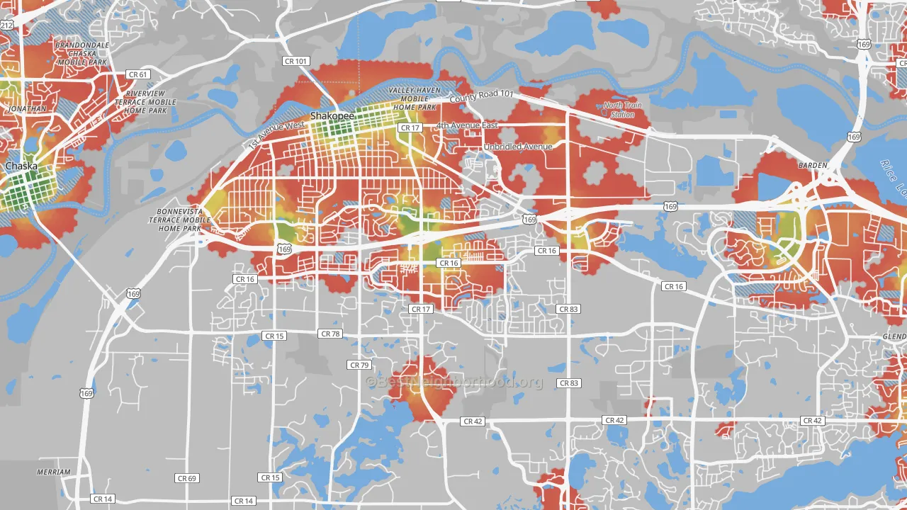 Walk Grade map of 55379, MN, walkable areas in green and car-dependent areas in red